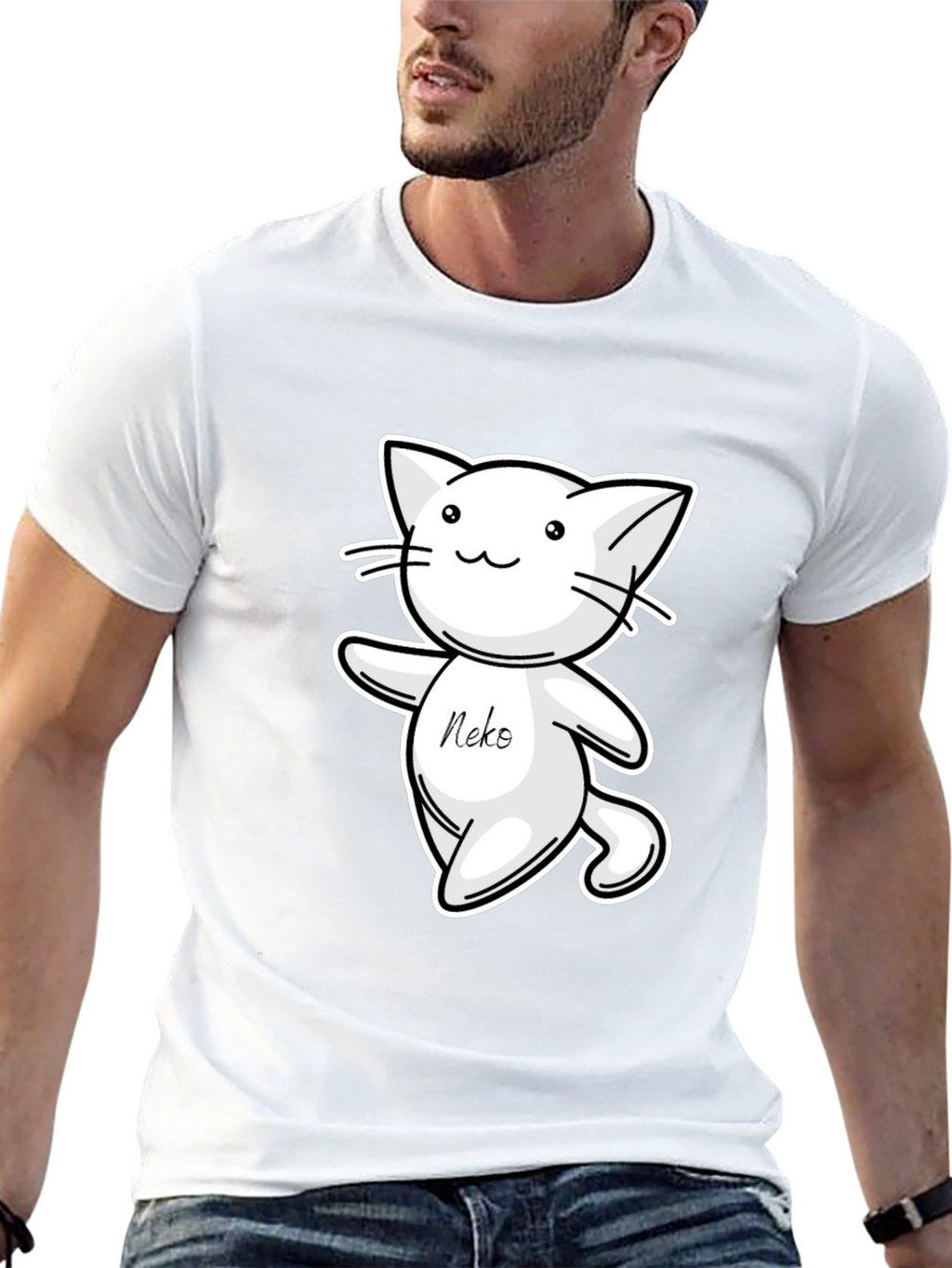 Cute Neko Cat T-Shirt - Black Cartoon Design