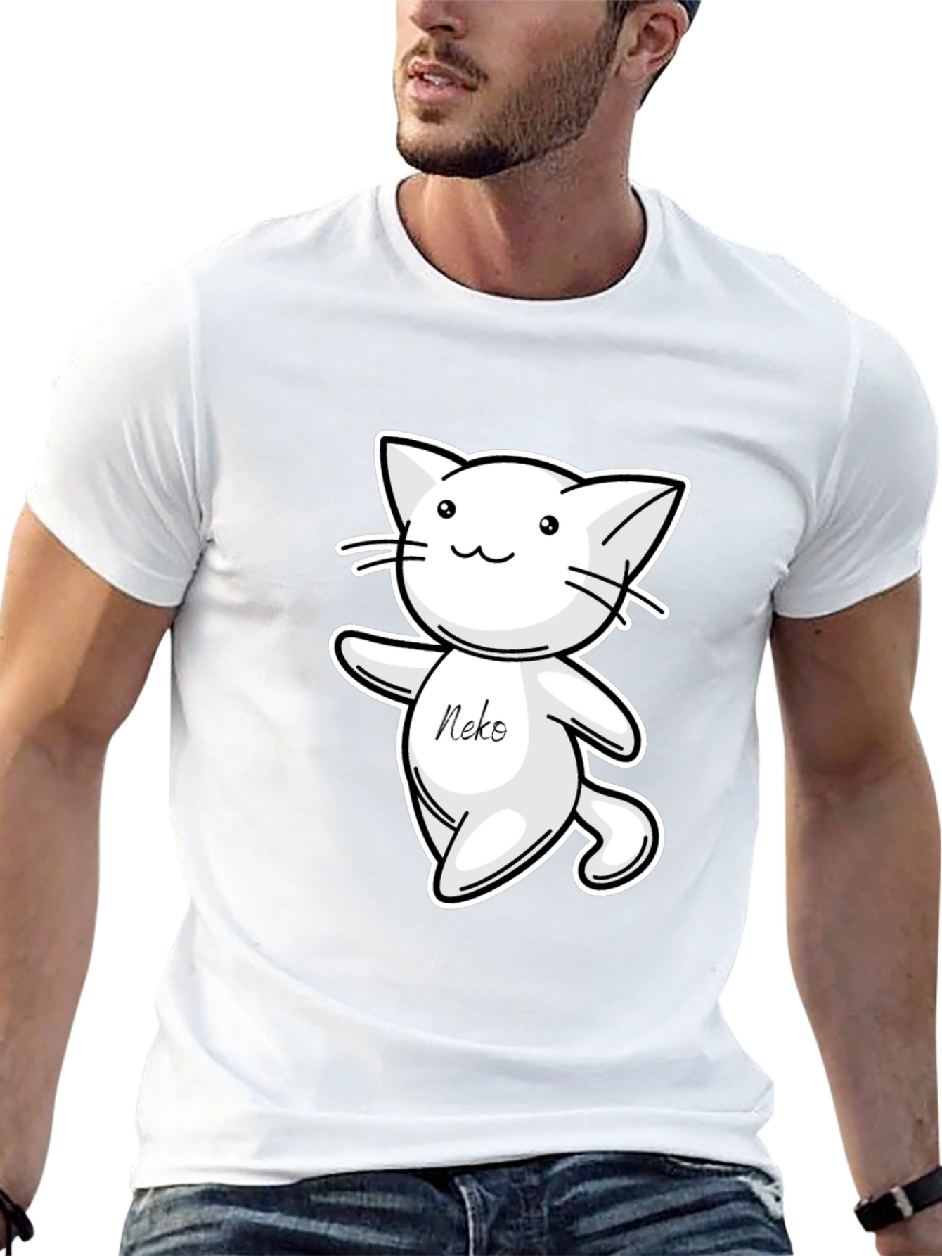 Cute Neko Cat T-Shirt - Black Cartoon Design