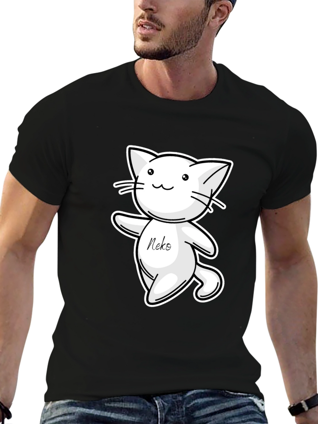 Cute Neko Cat T-Shirt - Black Cartoon Design
