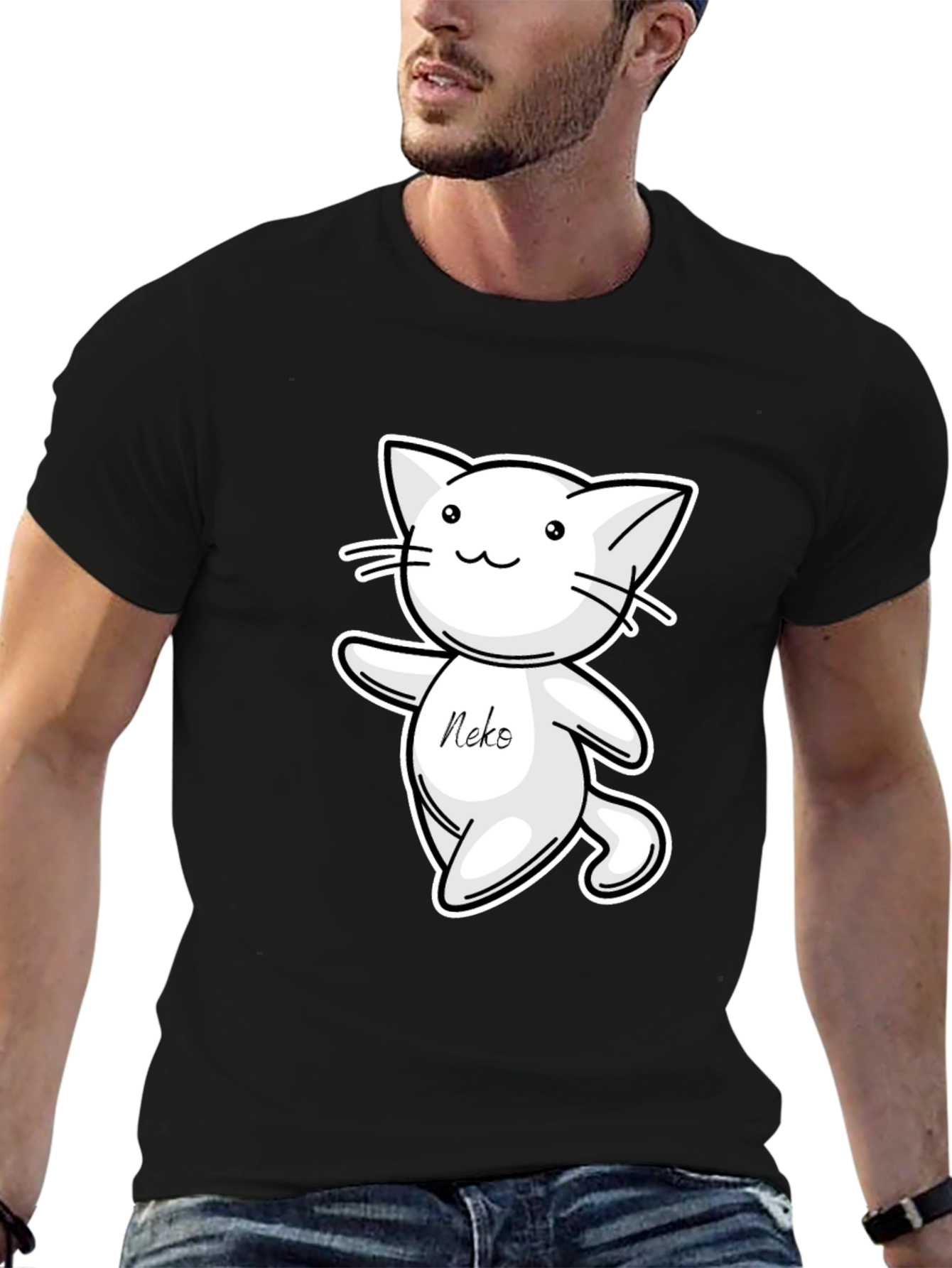 Cute Neko Cat T-Shirt - Black Cartoon Design
