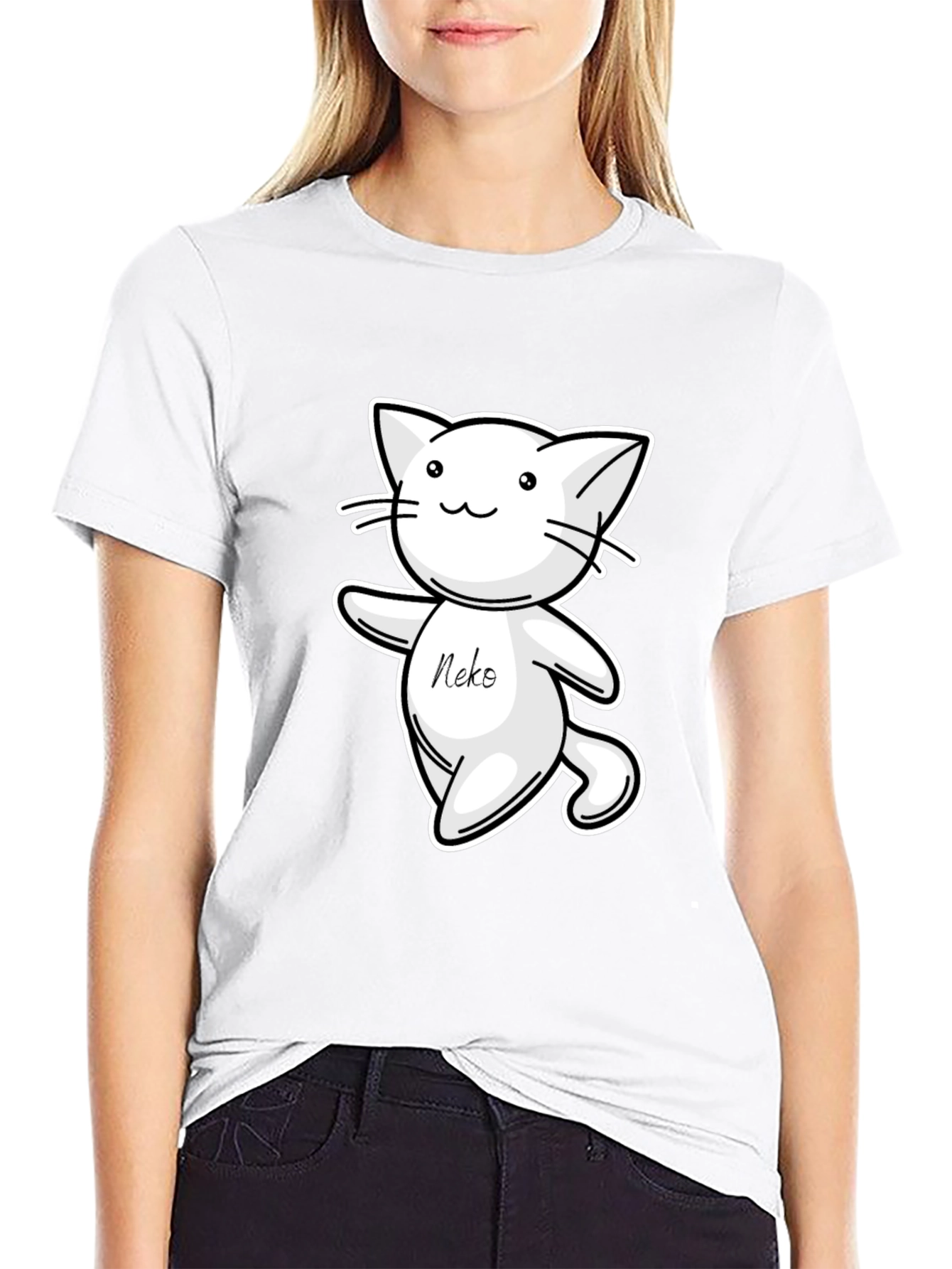 Cute Neko Cat T-Shirt - Black Cartoon Design