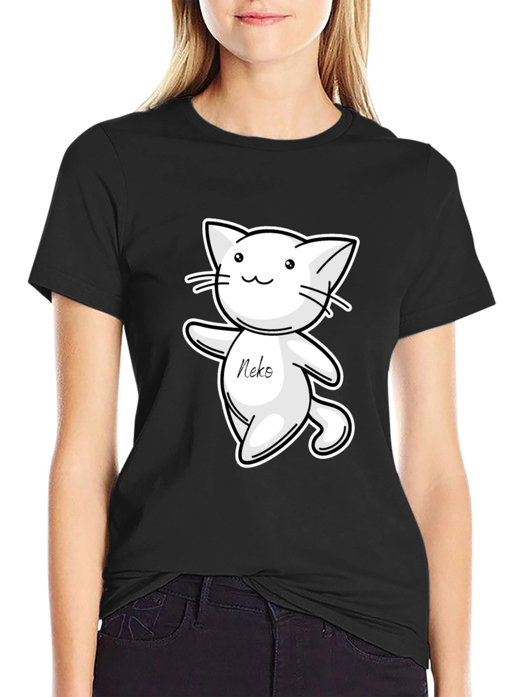 Cute Neko Cat T-Shirt - Black Cartoon Design