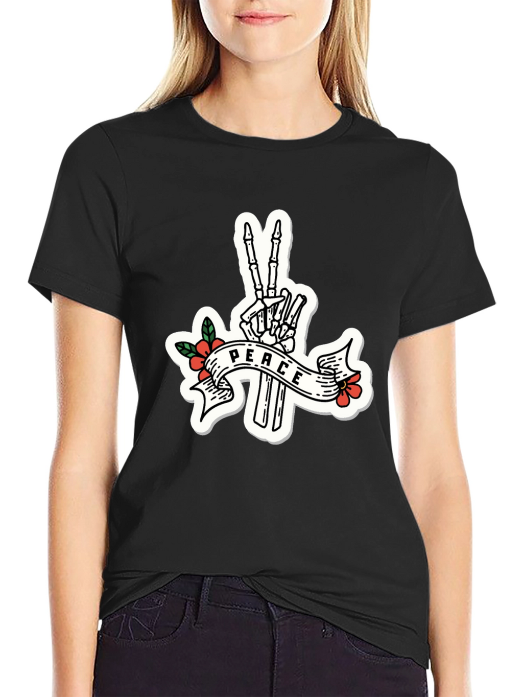 Peace Skeleton Hand Black T-Shirt