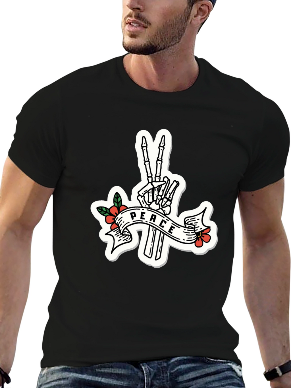 Peace Skeleton Hand Black T-Shirt