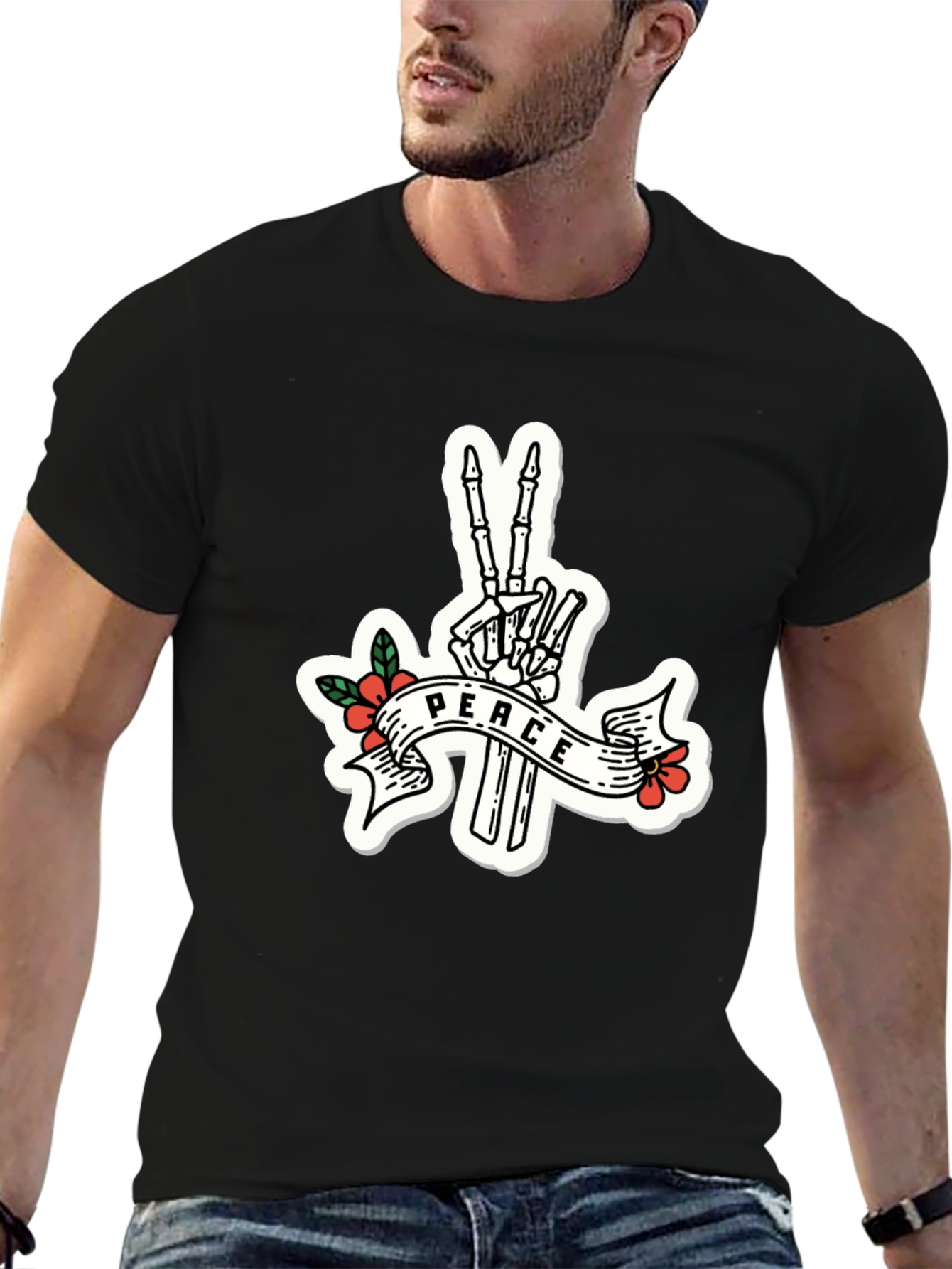Peace Skeleton Hand Black T-Shirt
