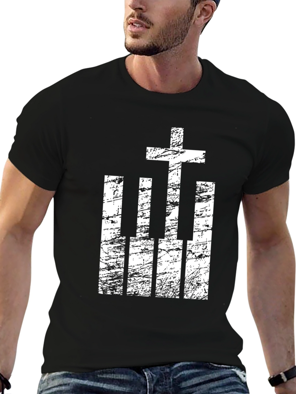Cross and Piano Keys Graphic T-Shirt