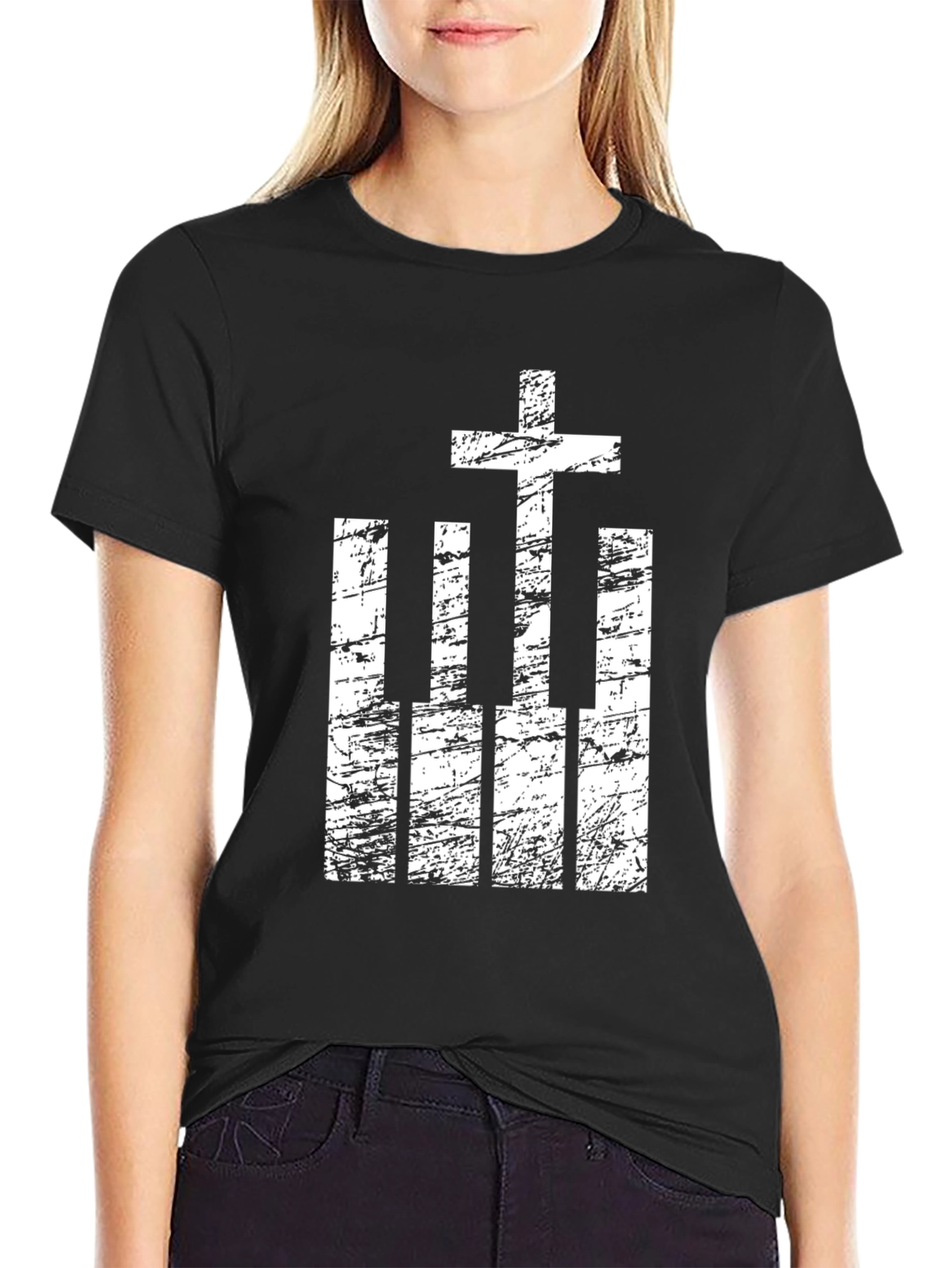 Cross and Piano Keys Graphic T-Shirt