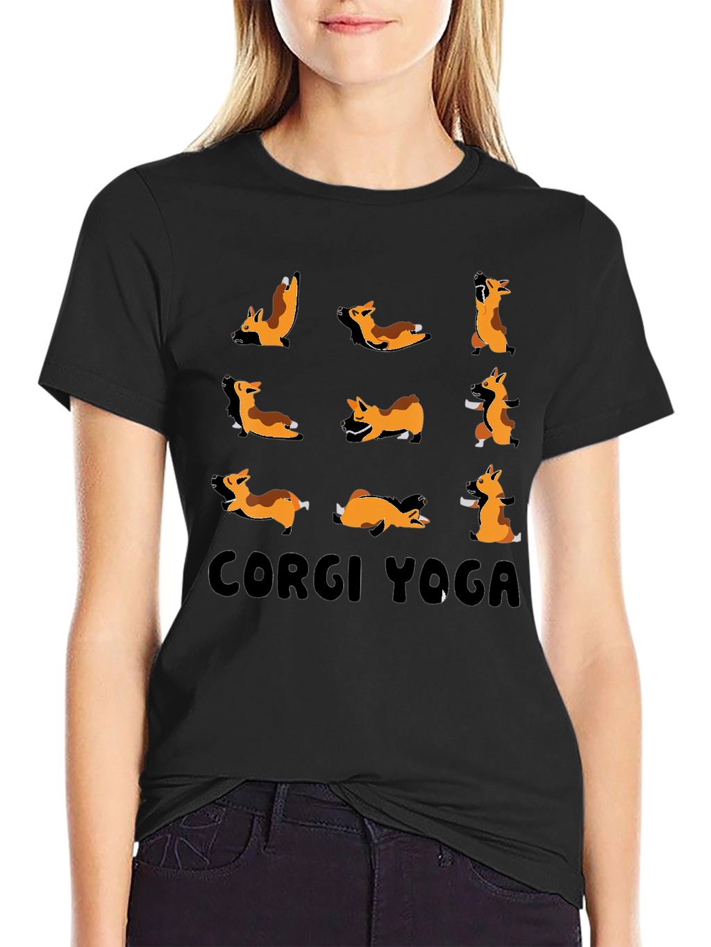 Corgi Yoga Black Graphic T-Shirt