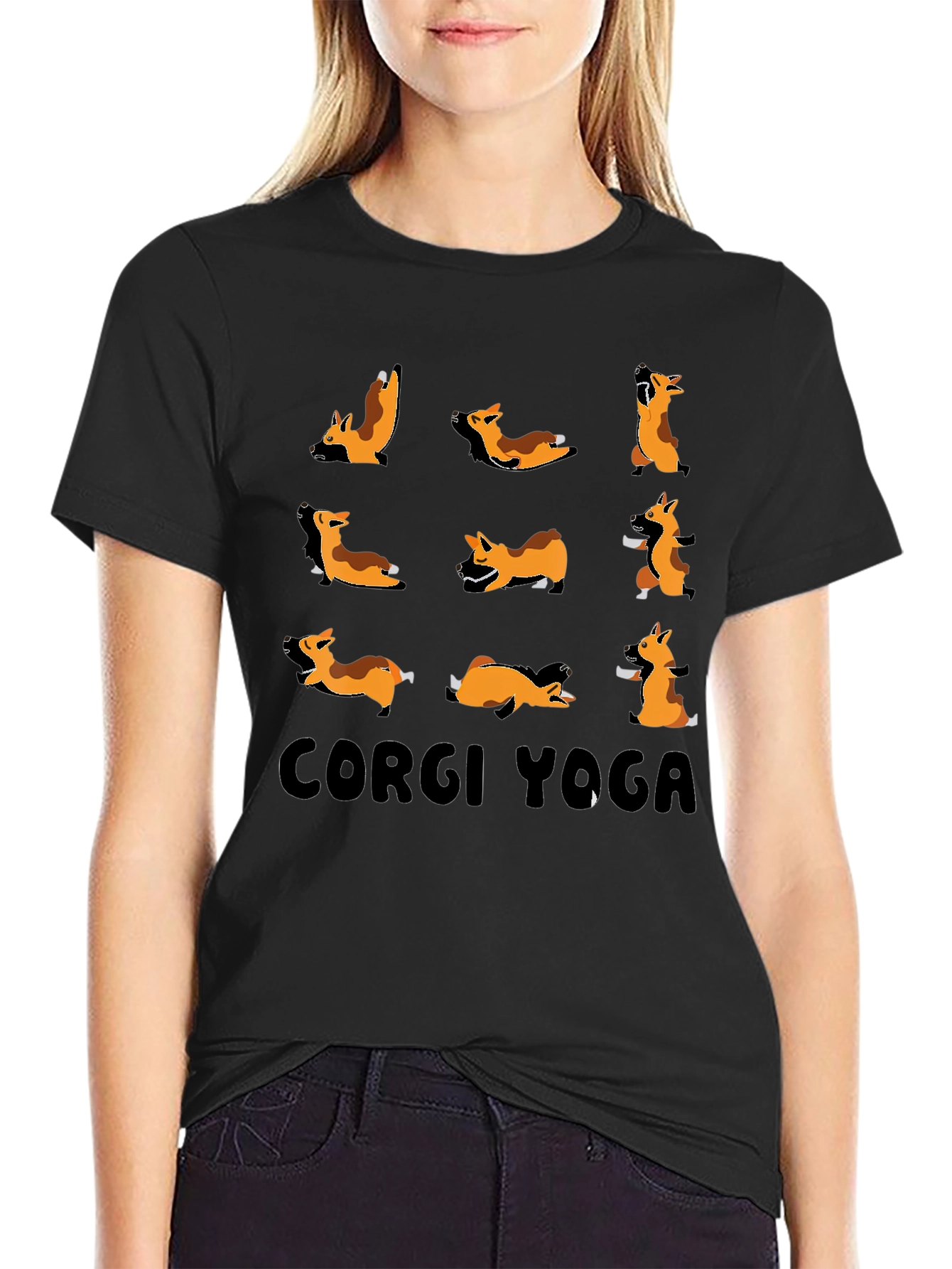 Corgi Yoga Black Graphic T-Shirt
