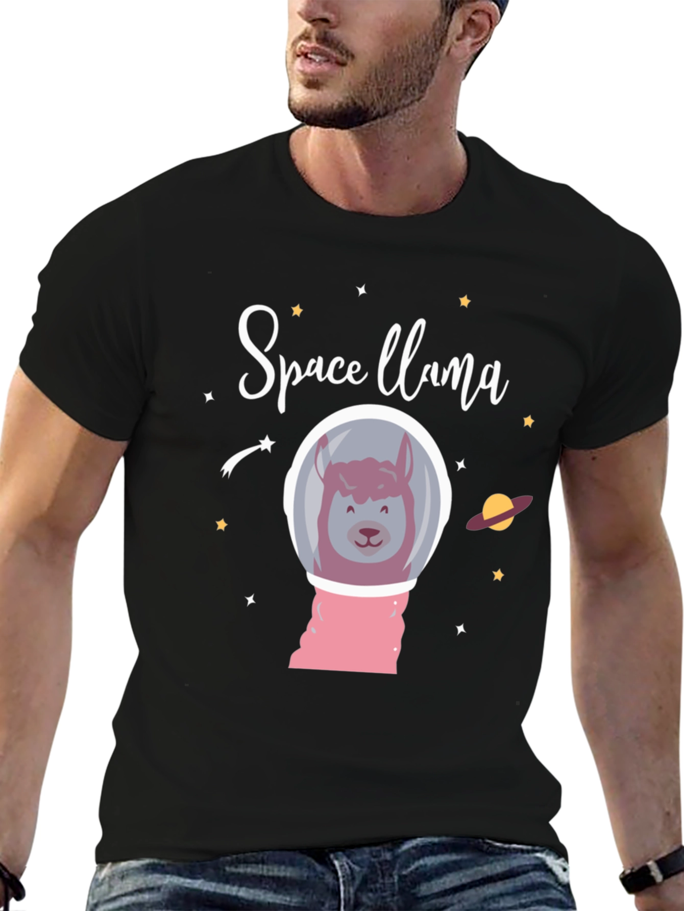 Space Llama Black Graphic T-Shirt