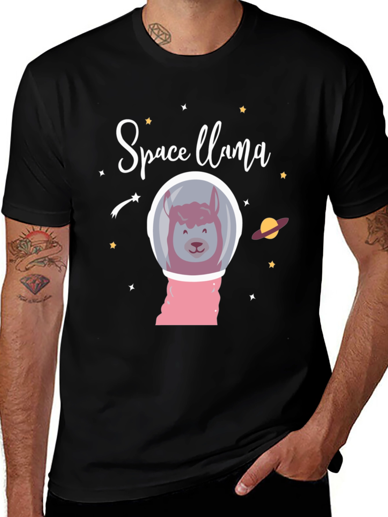 Space Llama Black Graphic T-Shirt