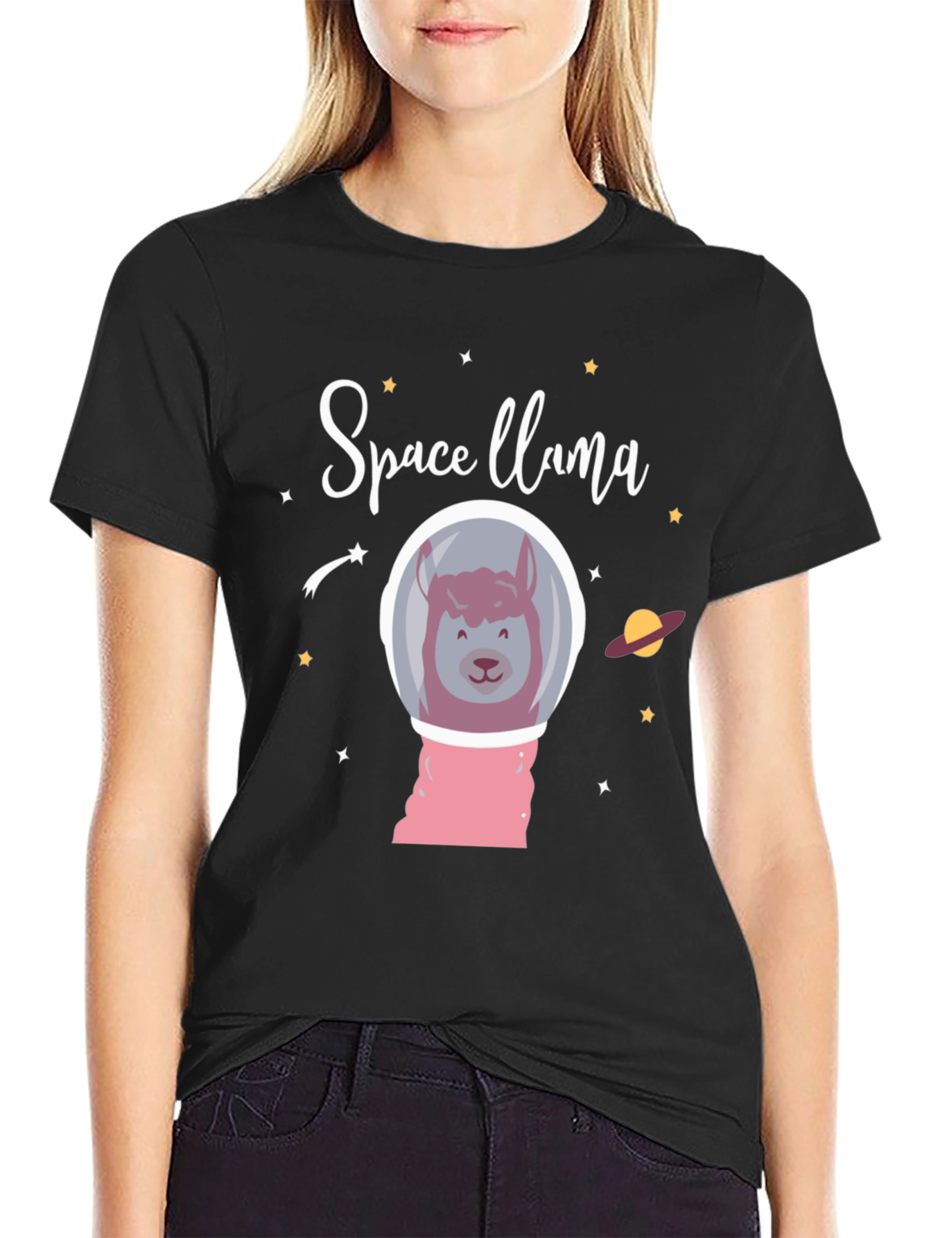 Space Llama Black Graphic T-Shirt