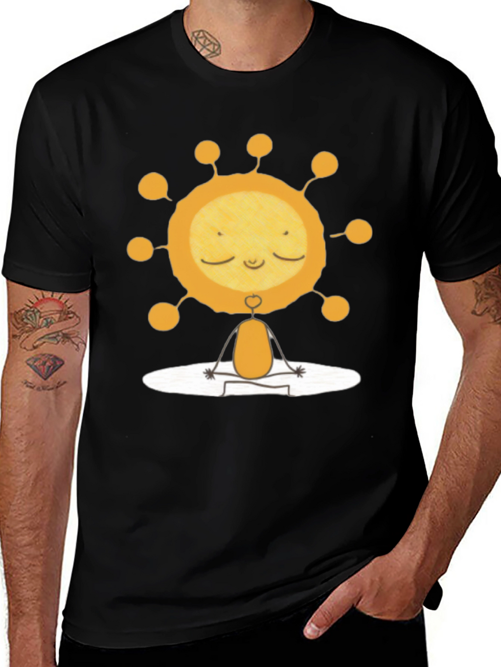 Meditating Sun Graphic Tee - Black Cotton T-Shirt