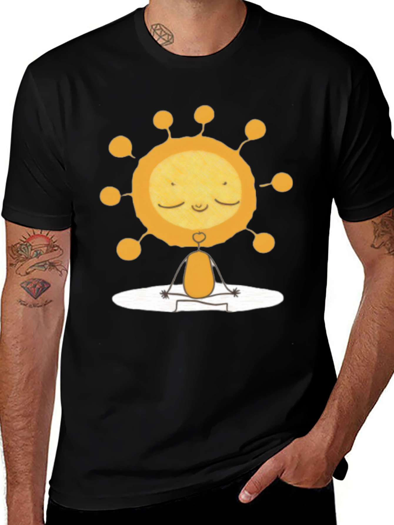 Meditating Sun Graphic Tee - Black Cotton T-Shirt