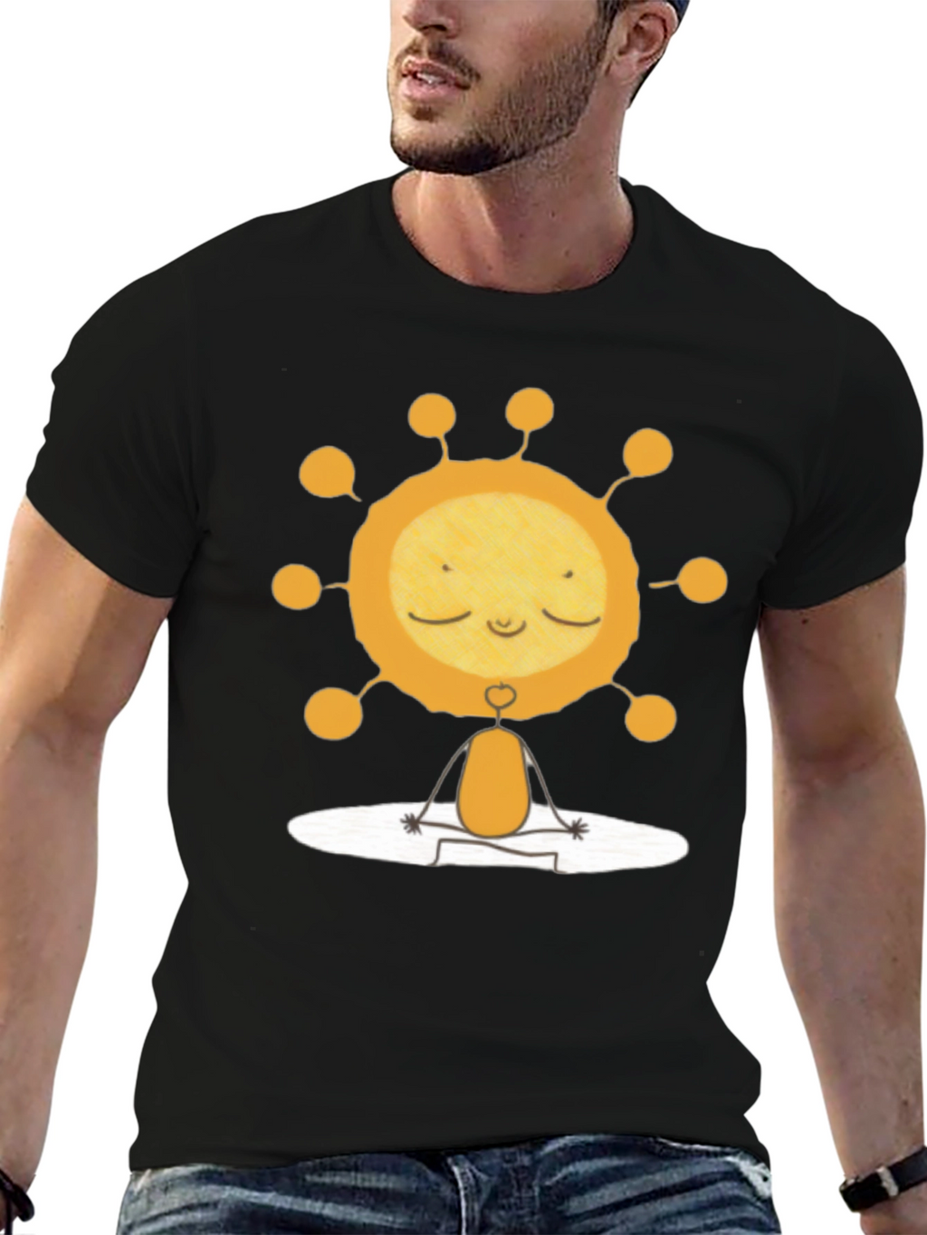 Meditating Sun Graphic Tee - Black Cotton T-Shirt