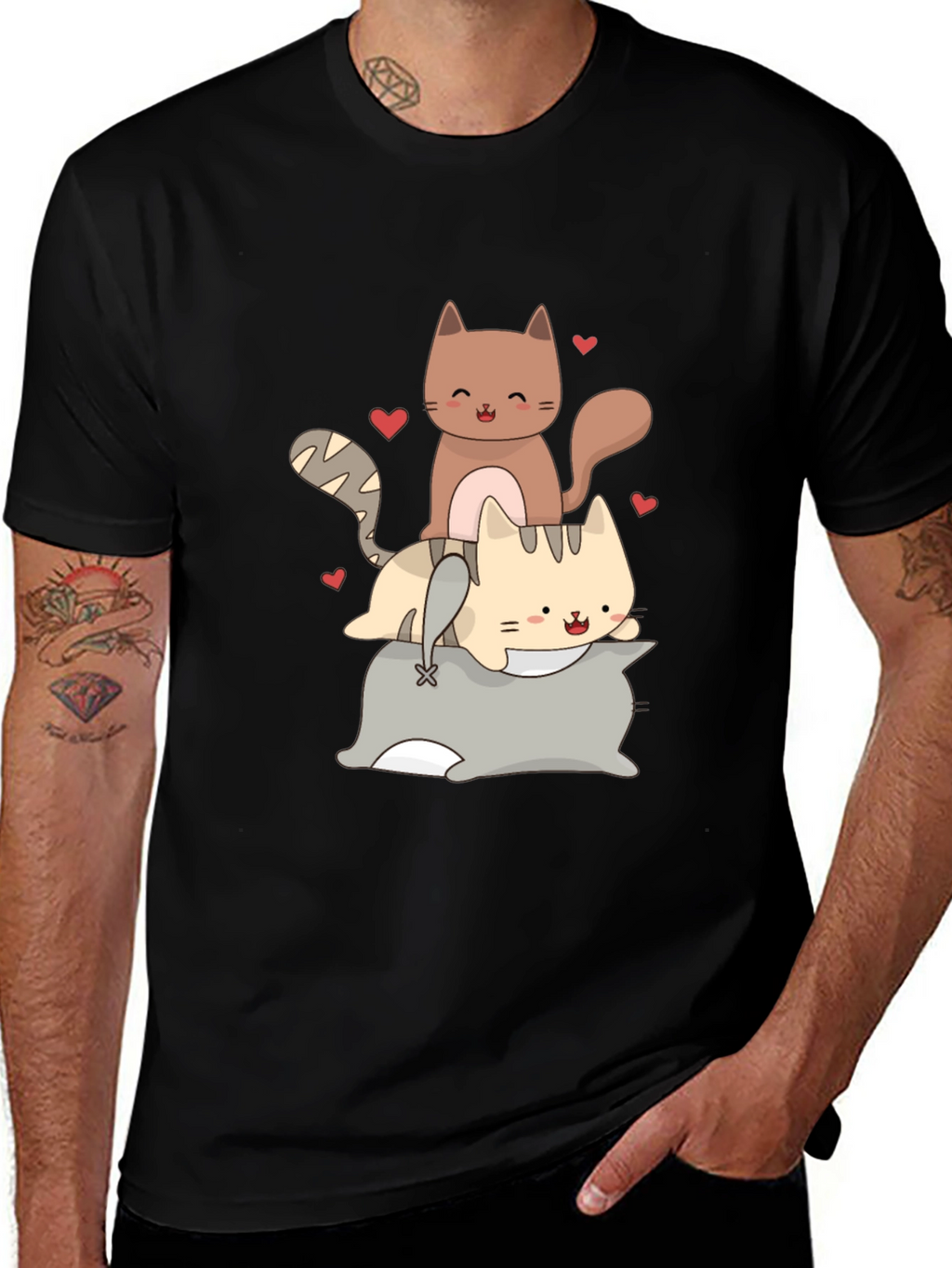 Cute Cats Stacked on Pillow Graphic Tee