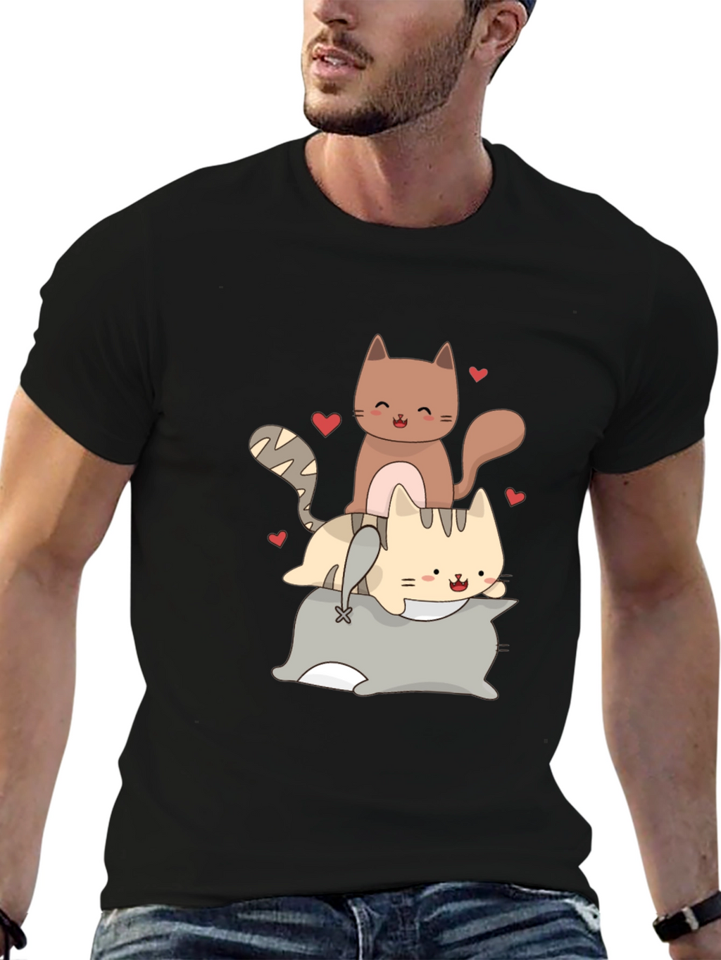 Cute Cats Stacked on Pillow Graphic Tee