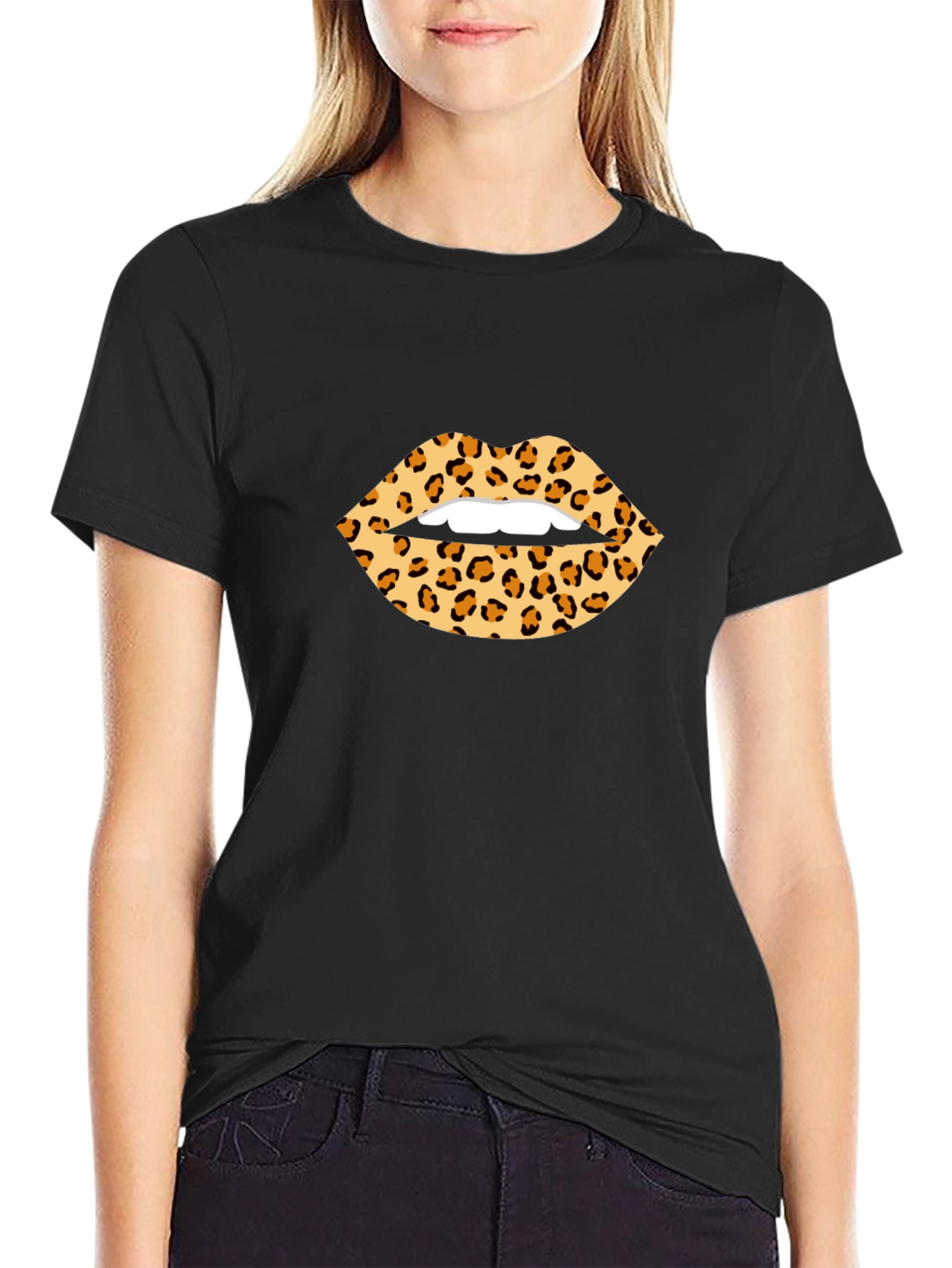 Leopard Print Lips Graphic Tee - Black T-Shirt