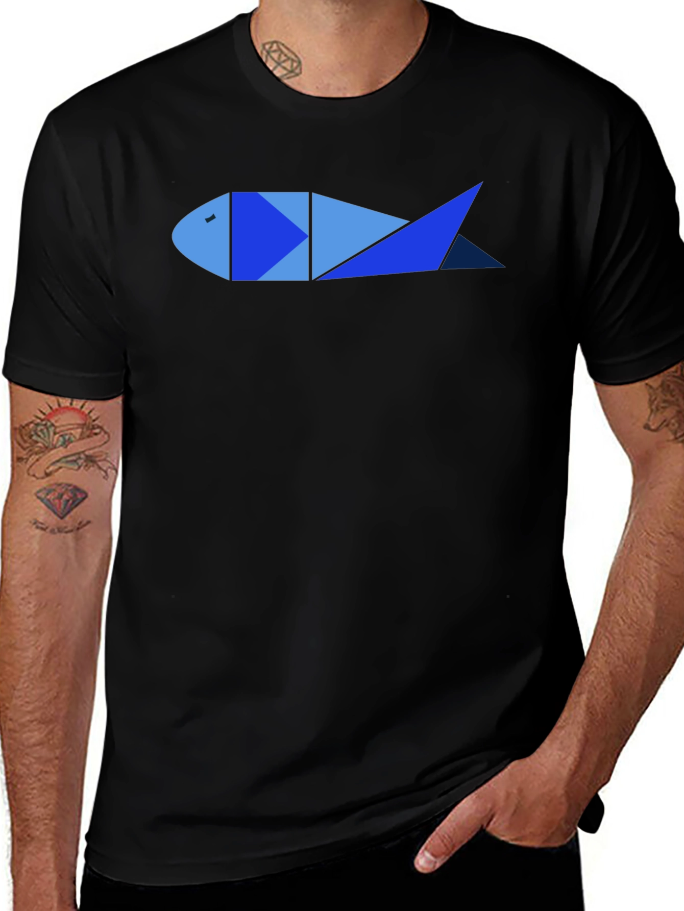 Geometric Fish Graphic Tee - Cool Mens Black T-Shirt