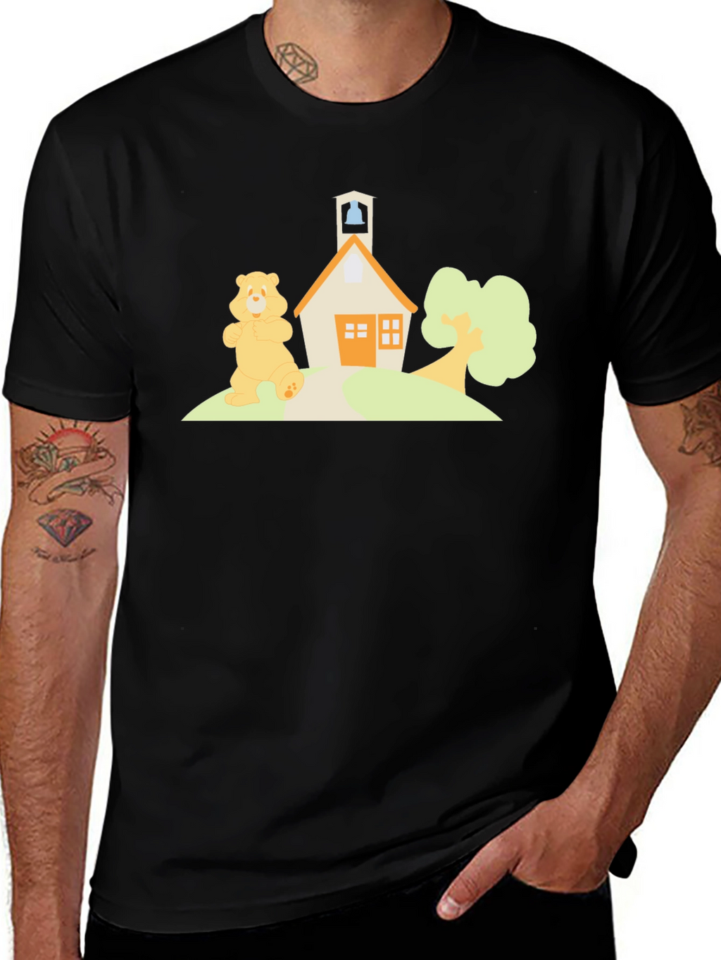 Cartoon Bear Schoolhouse Black T-Shirt