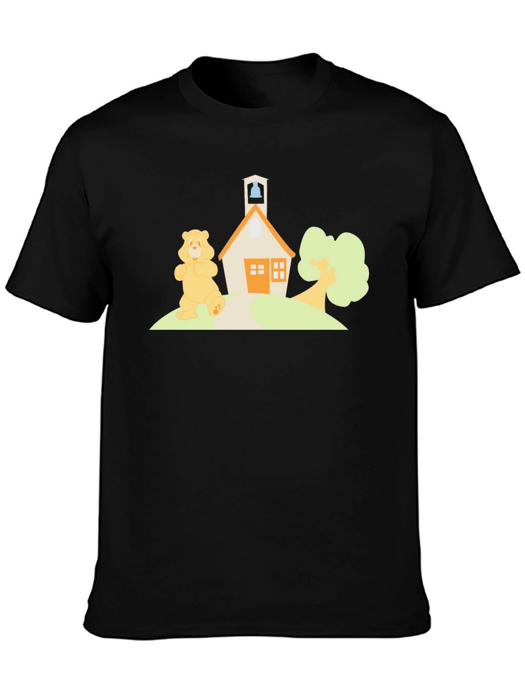 Cartoon Bear Schoolhouse Black T-Shirt