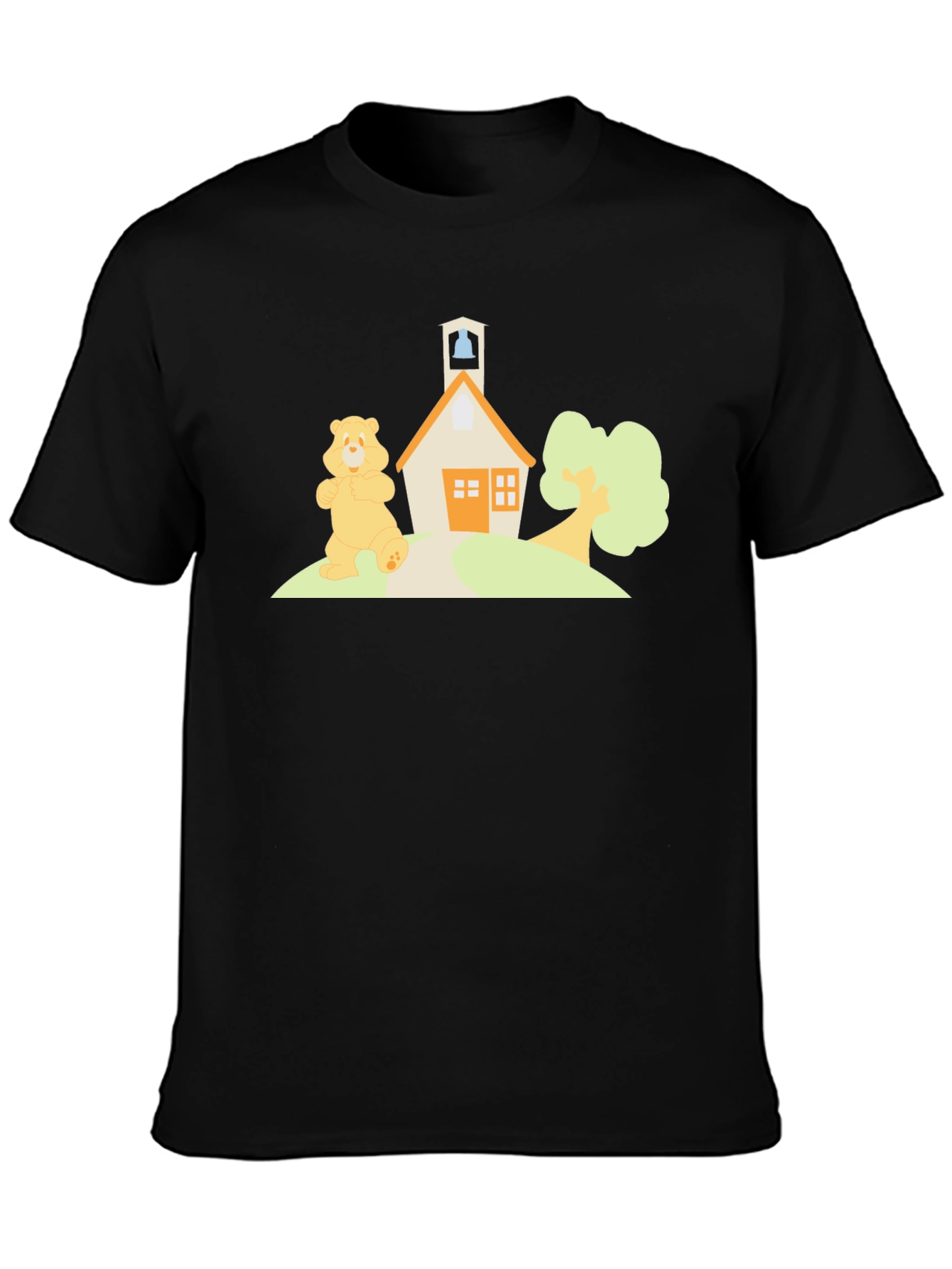 Cartoon Bear Schoolhouse Black T-Shirt