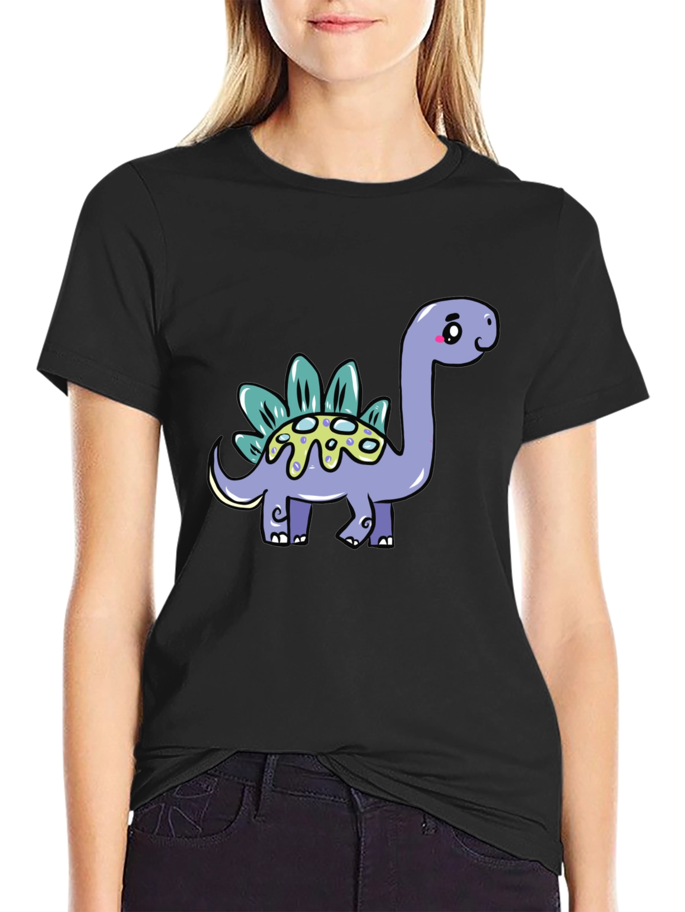 Cute Dinosaur Graphic Tee - Black Cotton T-Shirt
