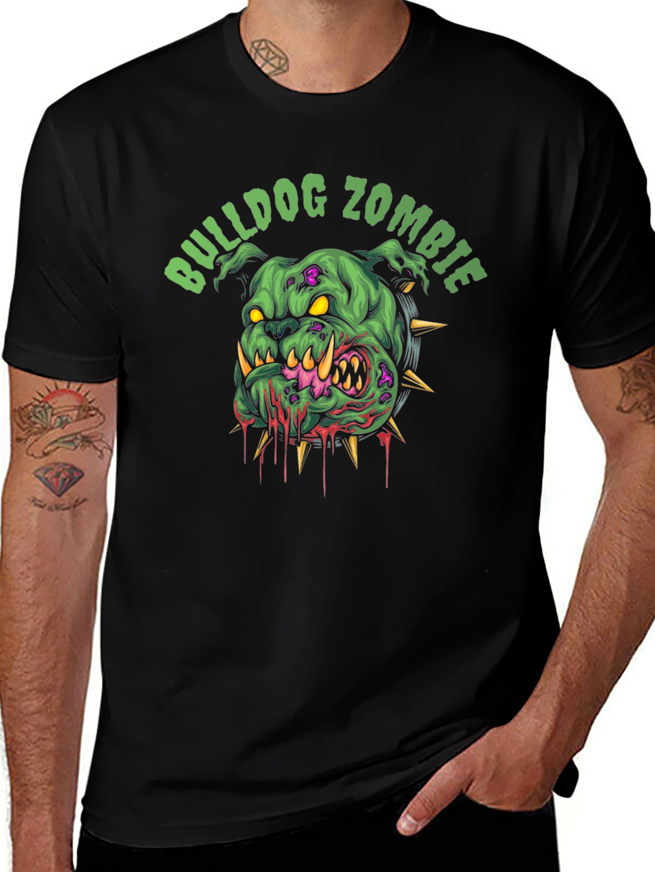 Bulldog Zombie Graphic Print Black T-Shirt