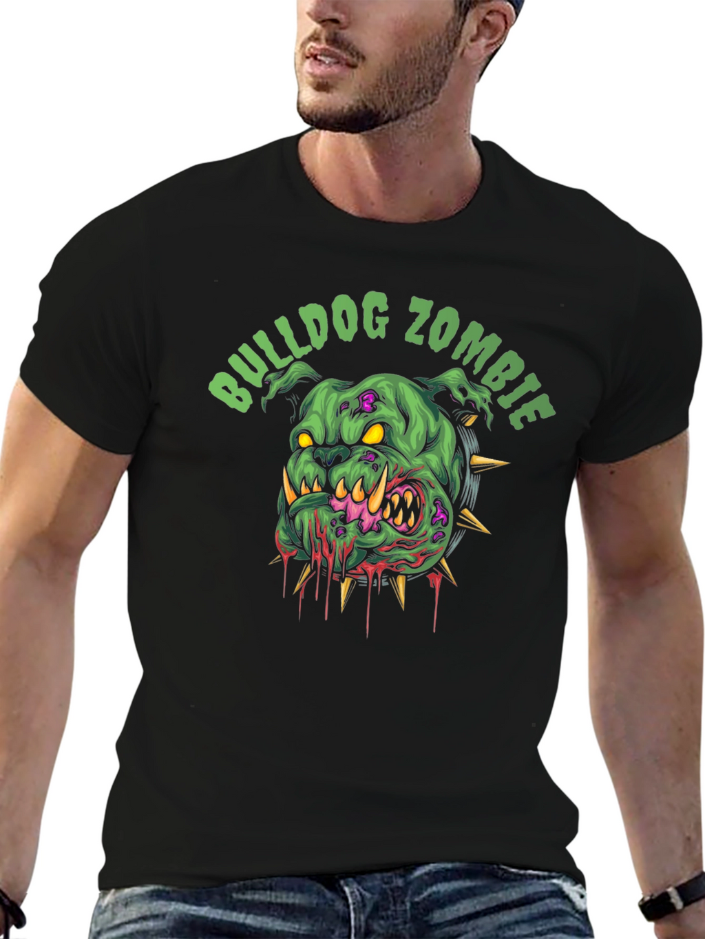 Bulldog Zombie Graphic Print Black T-Shirt