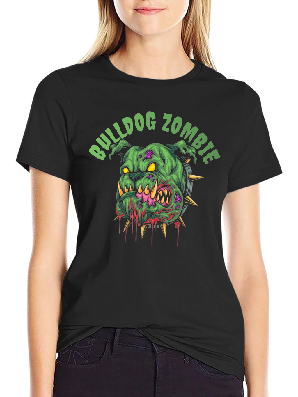 Bulldog Zombie Graphic Print Black T-Shirt