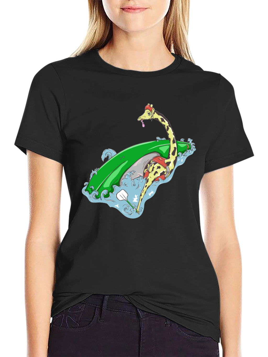 Surfing Giraffe Graphic Tee - Black