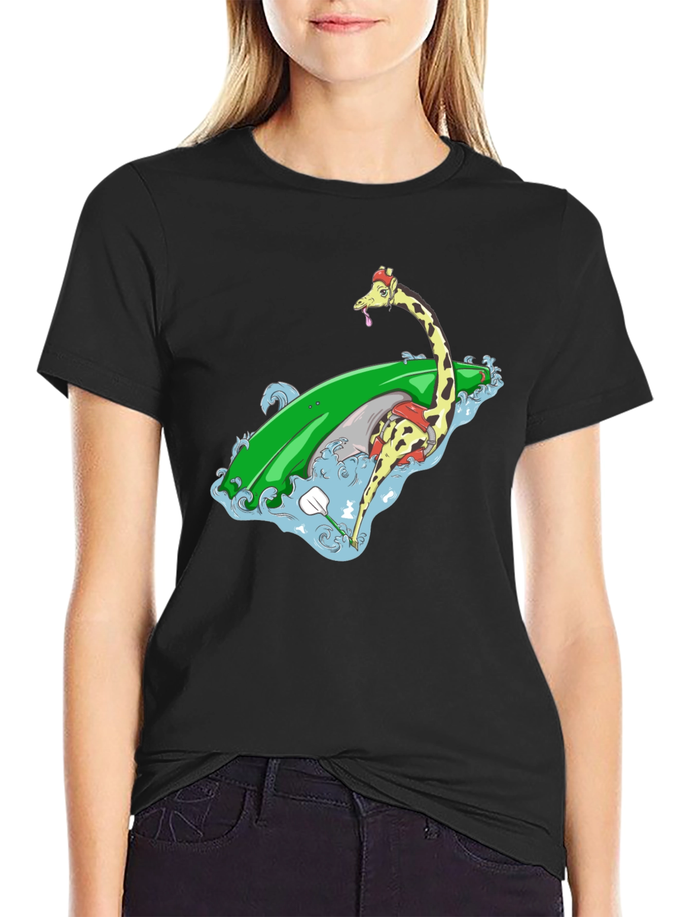 Surfing Giraffe Graphic Tee - Black