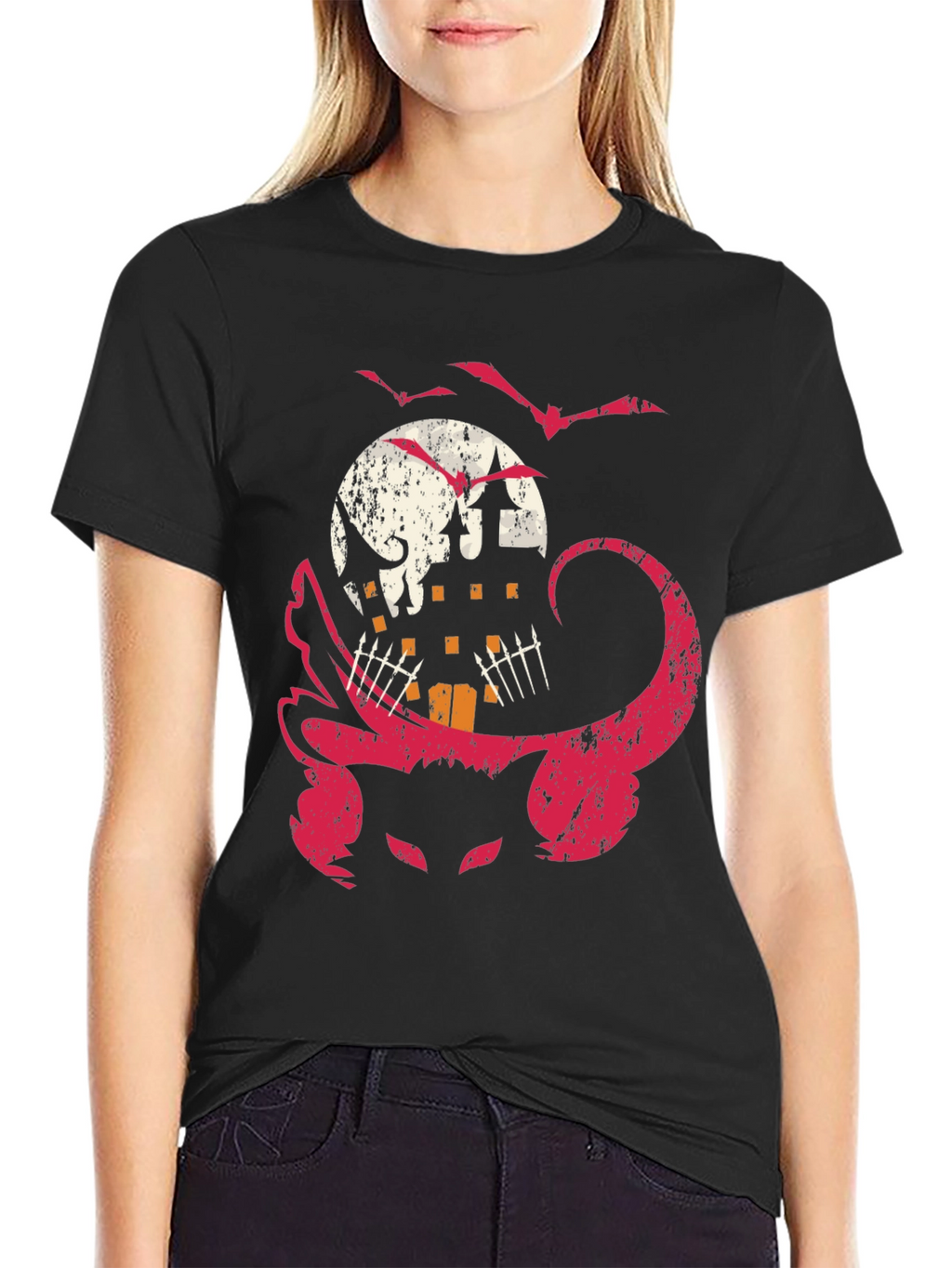 Halloween Cat & Haunted House Graphic Tee