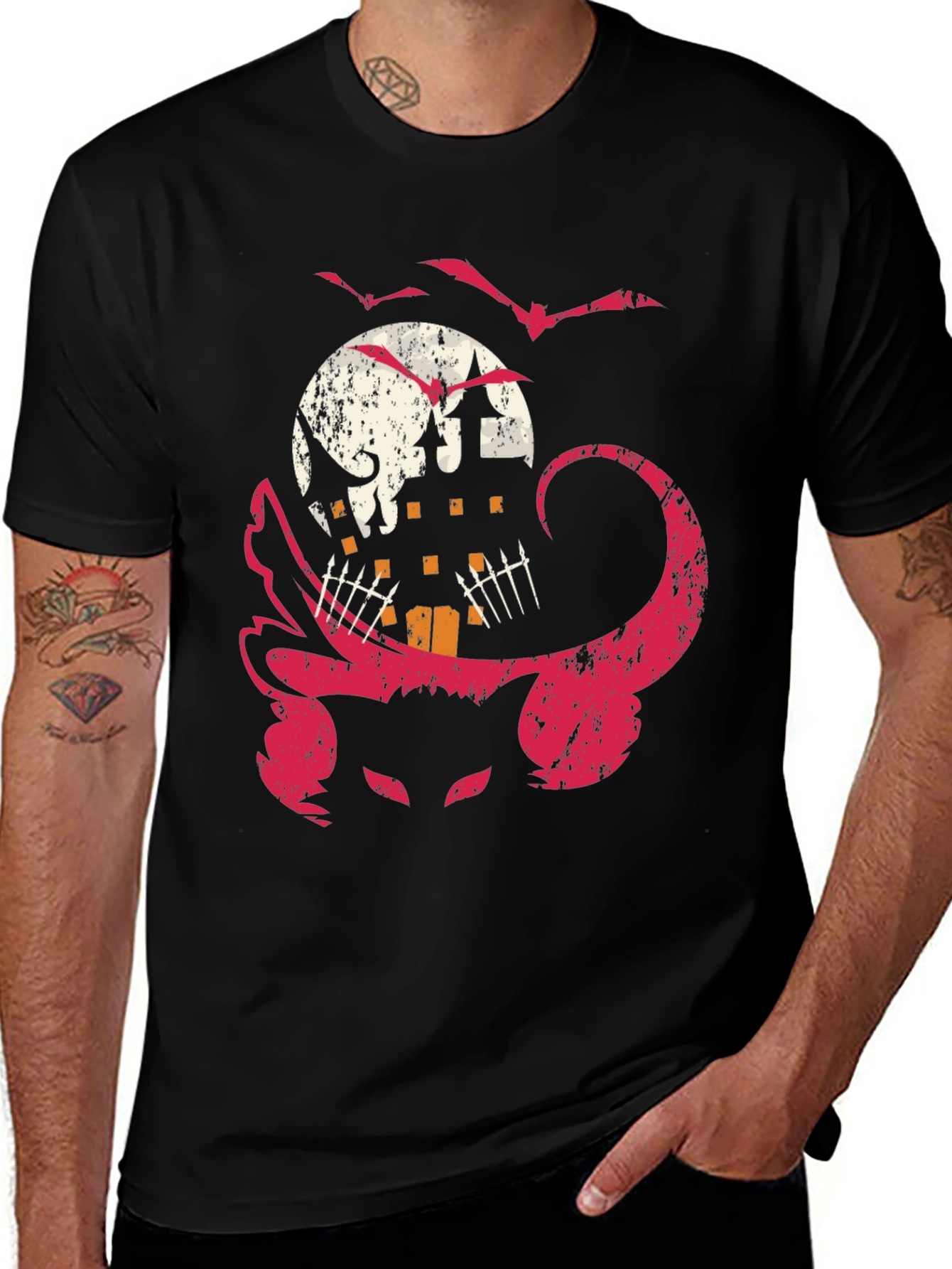 Halloween Cat & Haunted House Graphic Tee