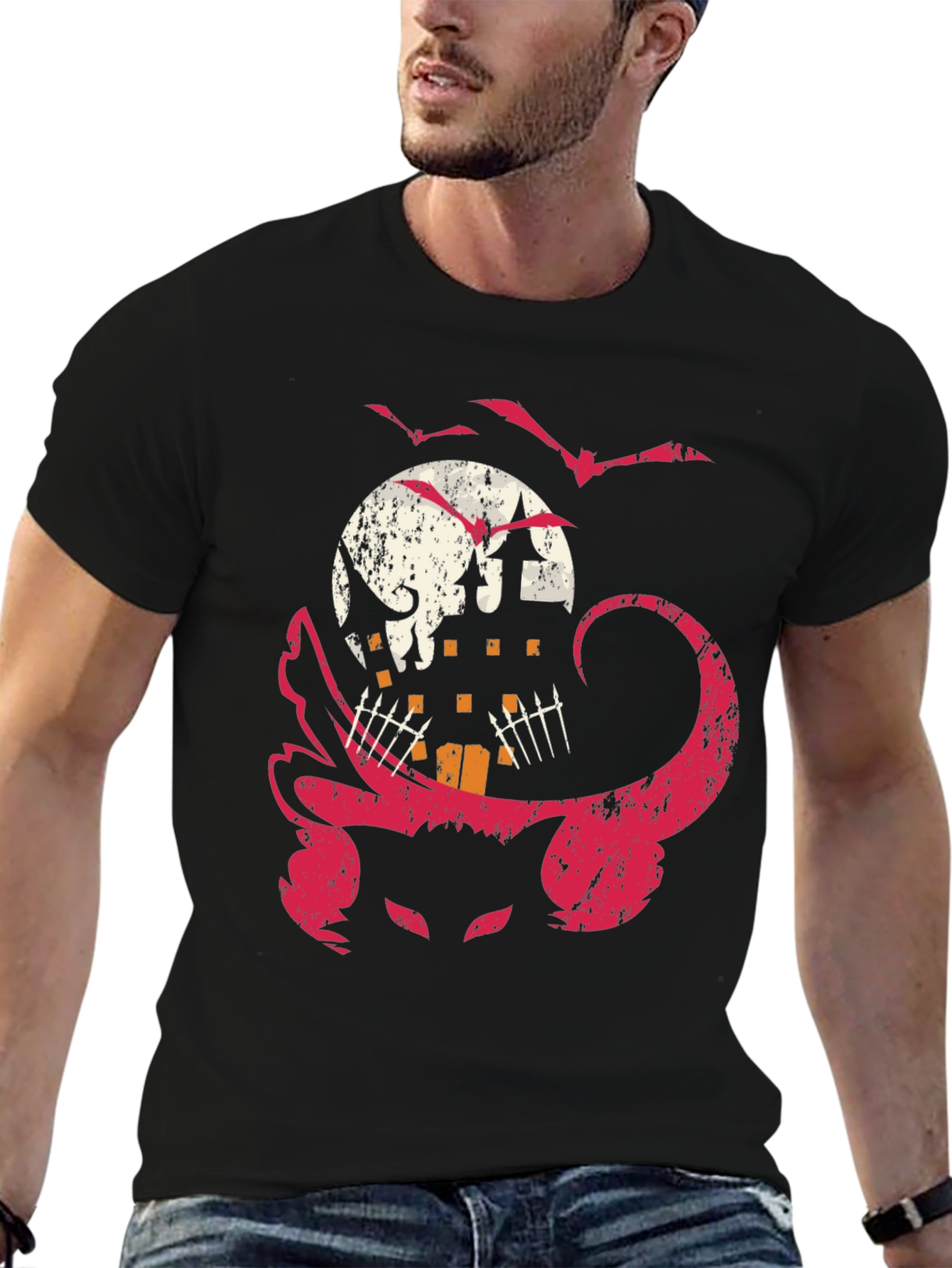 Halloween Cat & Haunted House Graphic Tee