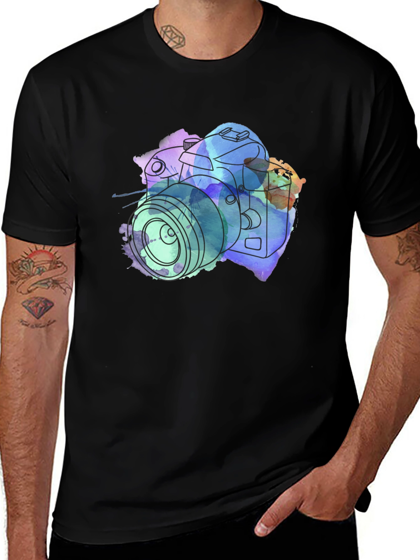 Camera Watercolor Print Black T-Shirt