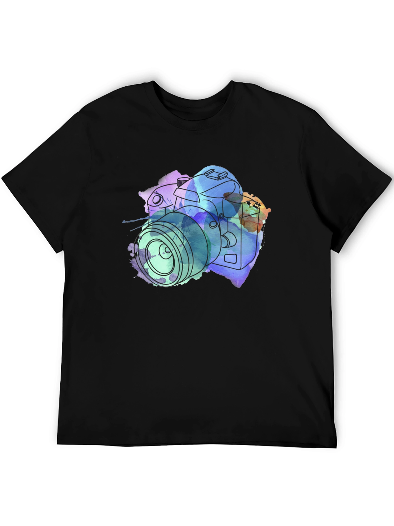 Camera Watercolor Print Black T-Shirt