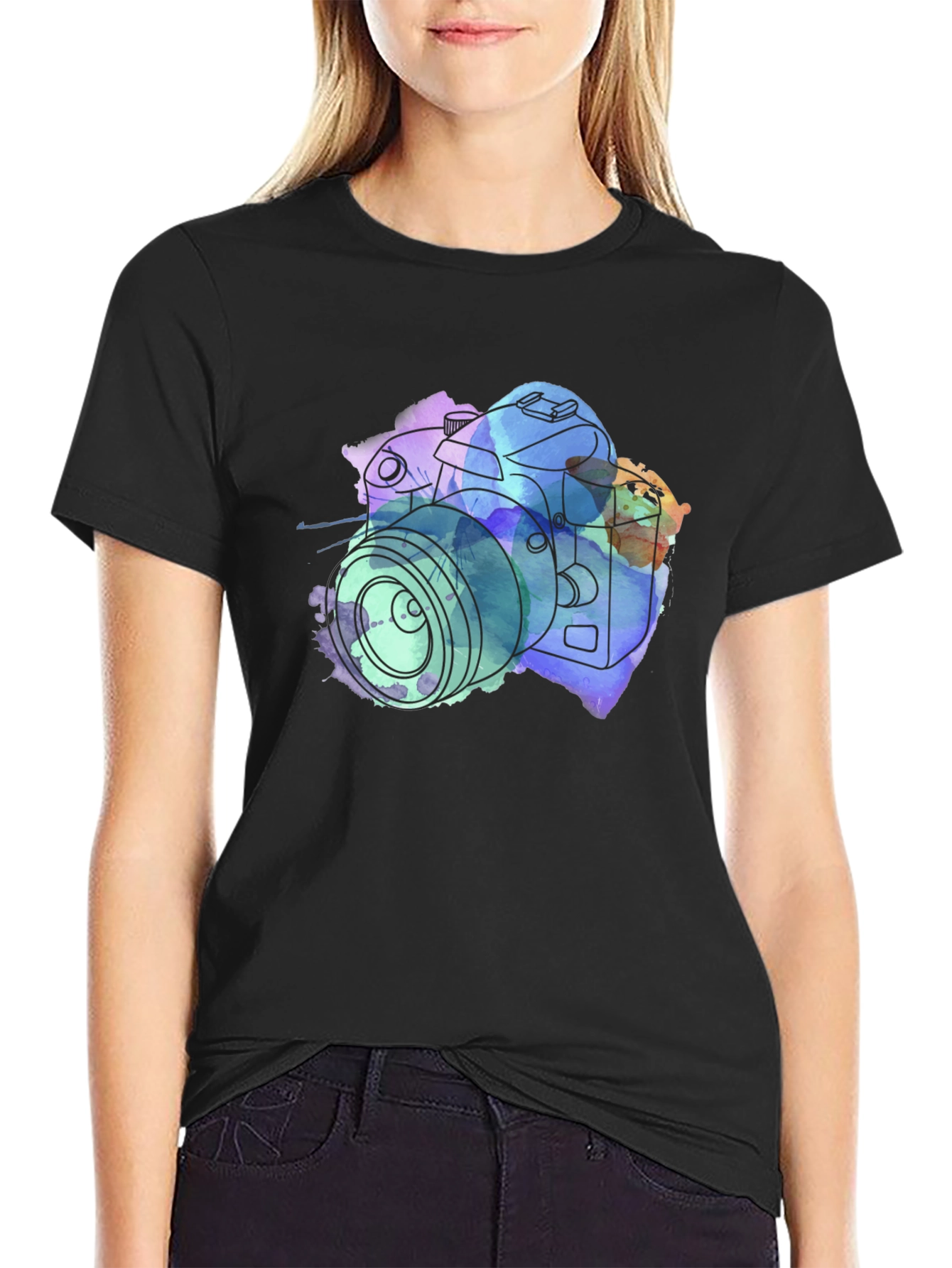 Camera Watercolor Print Black T-Shirt