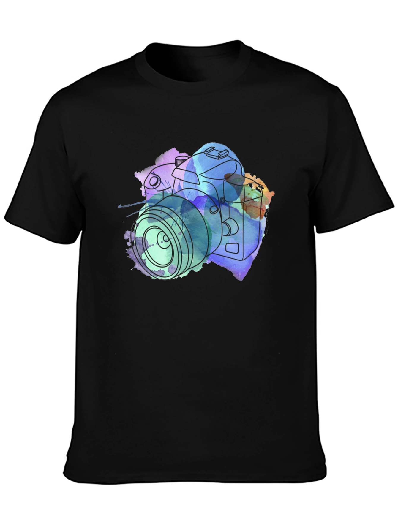 Camera Watercolor Print Black T-Shirt