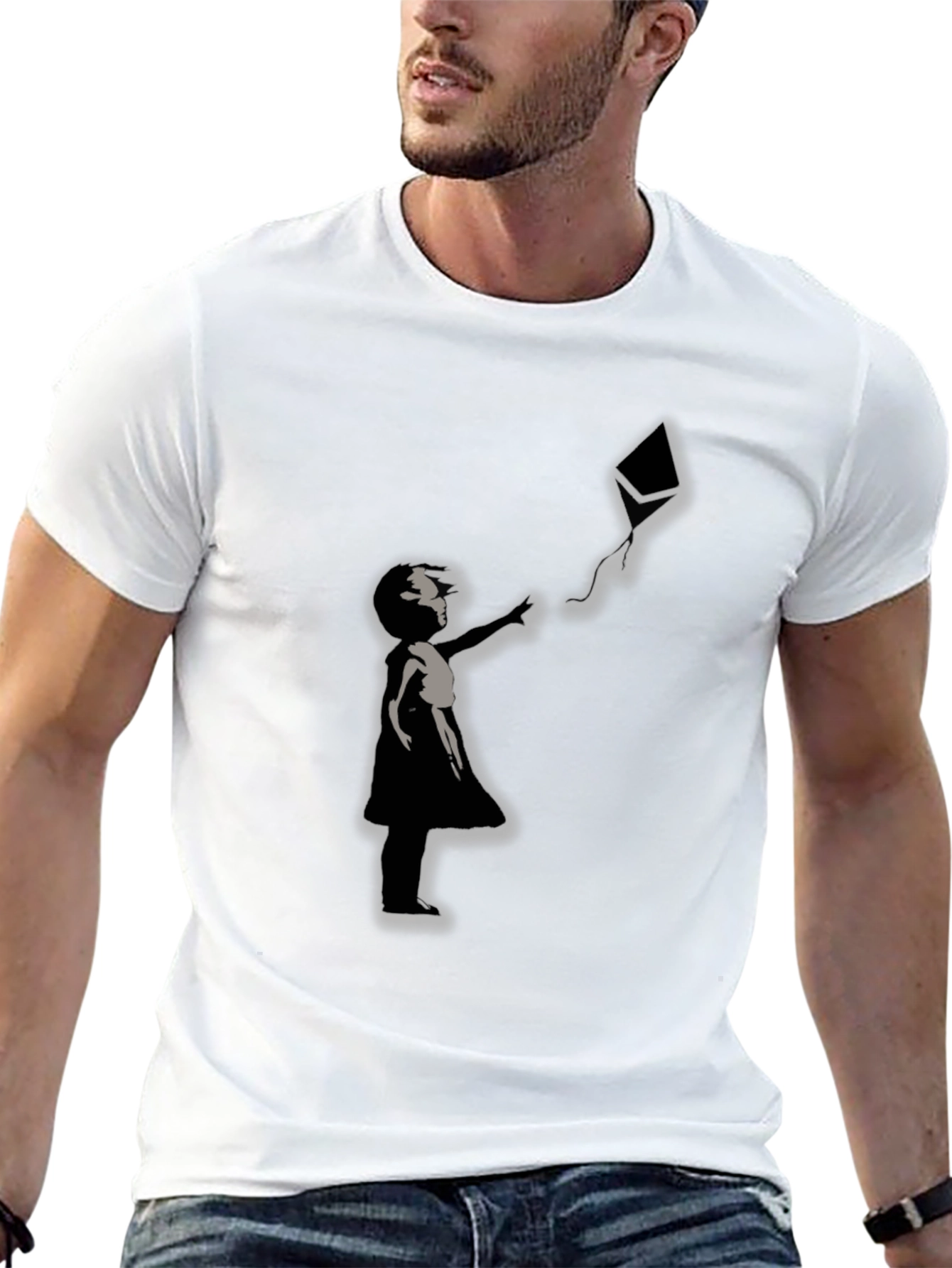 Girl and Kite Graphic T-Shirt - Crew Neck Black