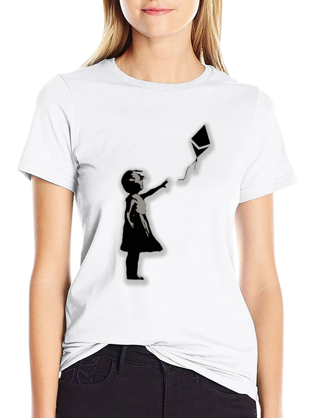 Girl and Kite Graphic T-Shirt - Crew Neck Black