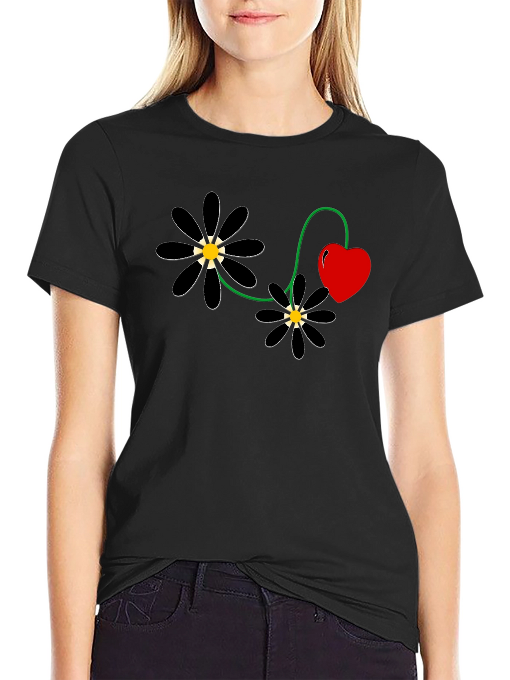 Black Flower Heart T-Shirt