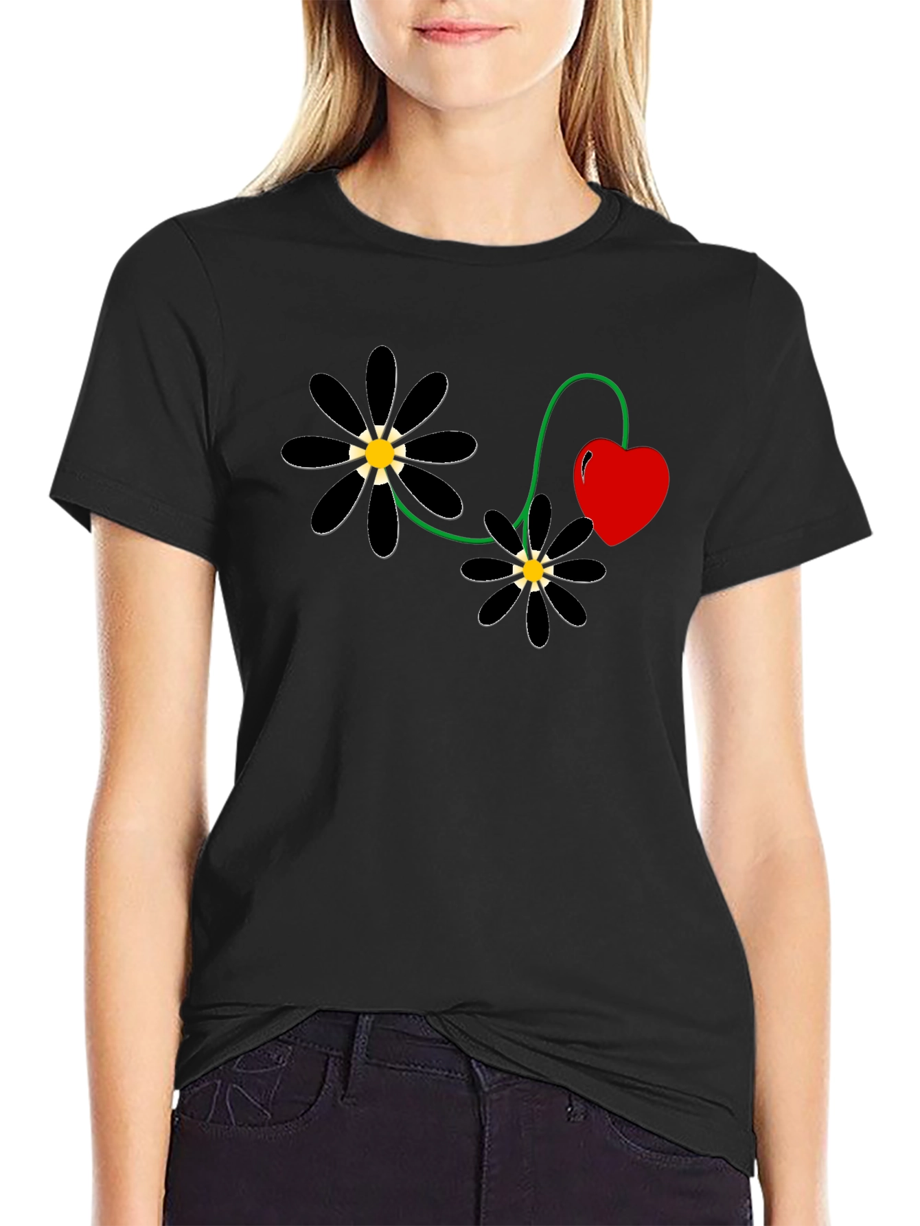 Black Flower Heart T-Shirt