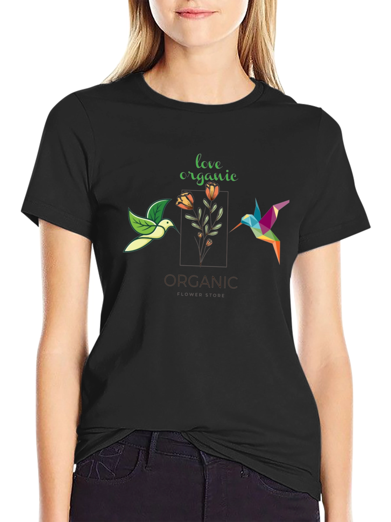 Organic Love Hummingbird Graphic Tee - Stylish Black T-Shirt