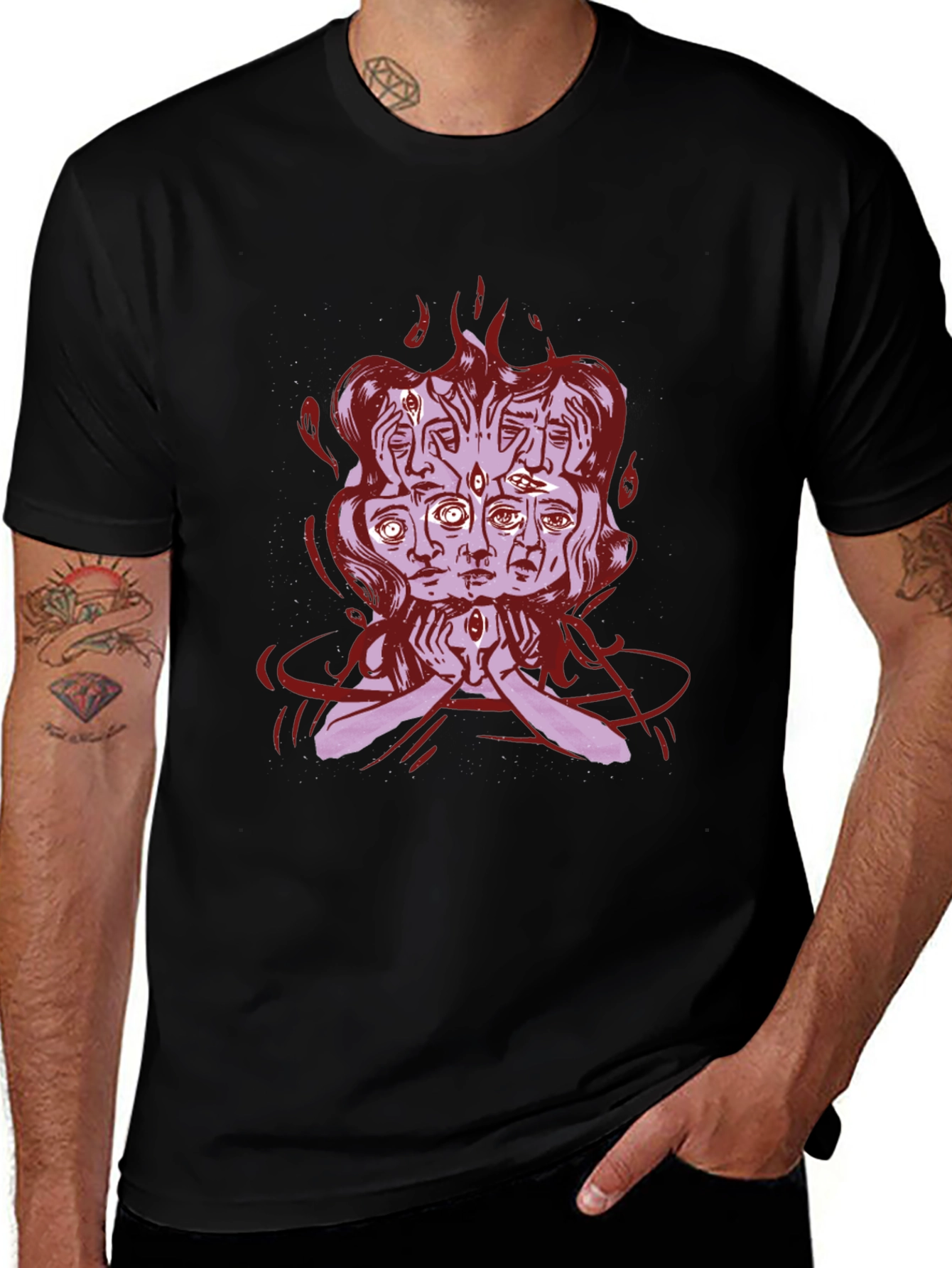 Mystic Faces Graphic Tee - Black Cotton Shirt