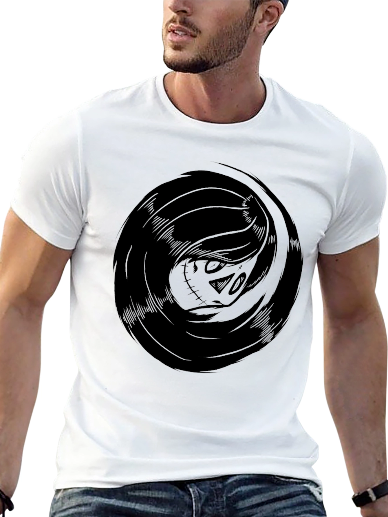 Mens Black Graphic Tee - Swirling Skull Design
