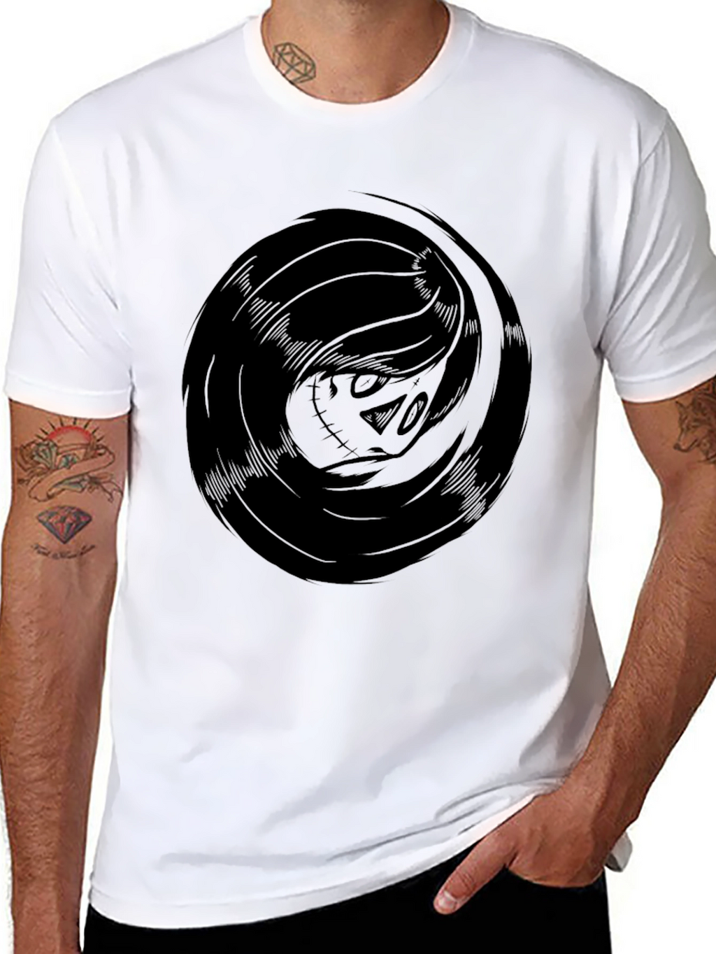 Mens Black Graphic Tee - Swirling Skull Design