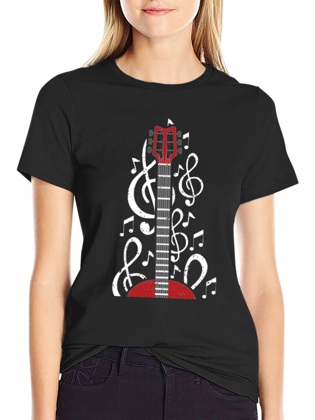 Guitar and Music Notes Black T-Shirt