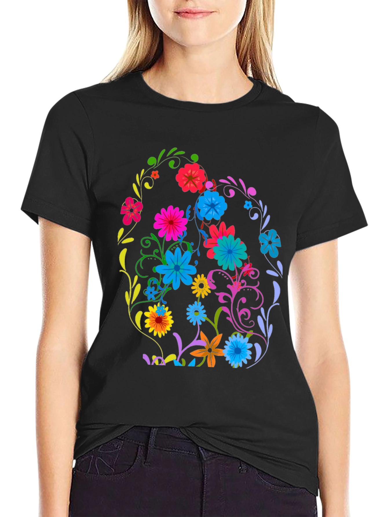Floral Easter Egg Graphic Tee - Black Cotton T-Shirt