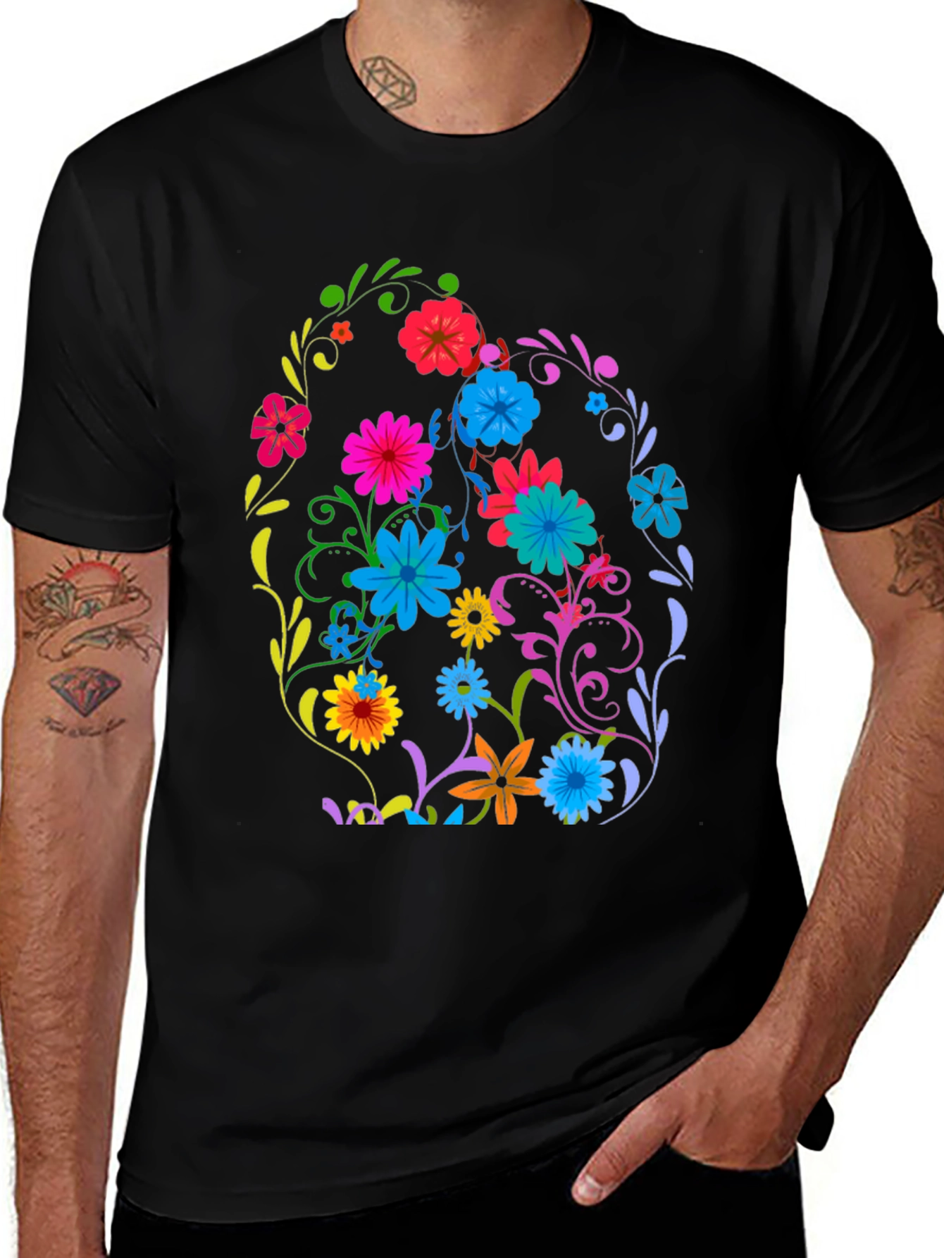 Floral Easter Egg Graphic Tee - Black Cotton T-Shirt